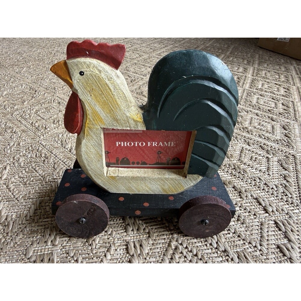 Vintage Wooden Roster Table Top Photo Picture Frame With Weels Rustic Farmhouse